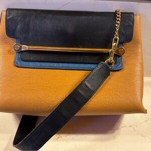 Chloe Blue, Black and Tan Shoulder Bag with Gold Accent